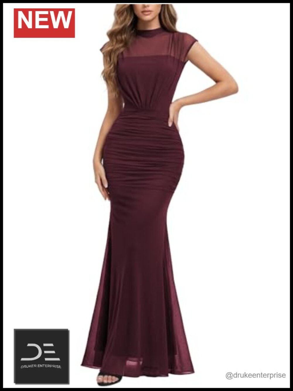 Mock Neck Mesh Ruched Formal Evening Maxi Dress Cap Sleeve Sheath Gown